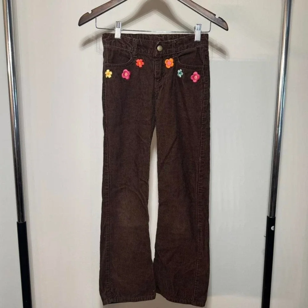 Gymboree Girls Brown Corduroy Pants With Flower Details Size 10 100% Cotton Boho